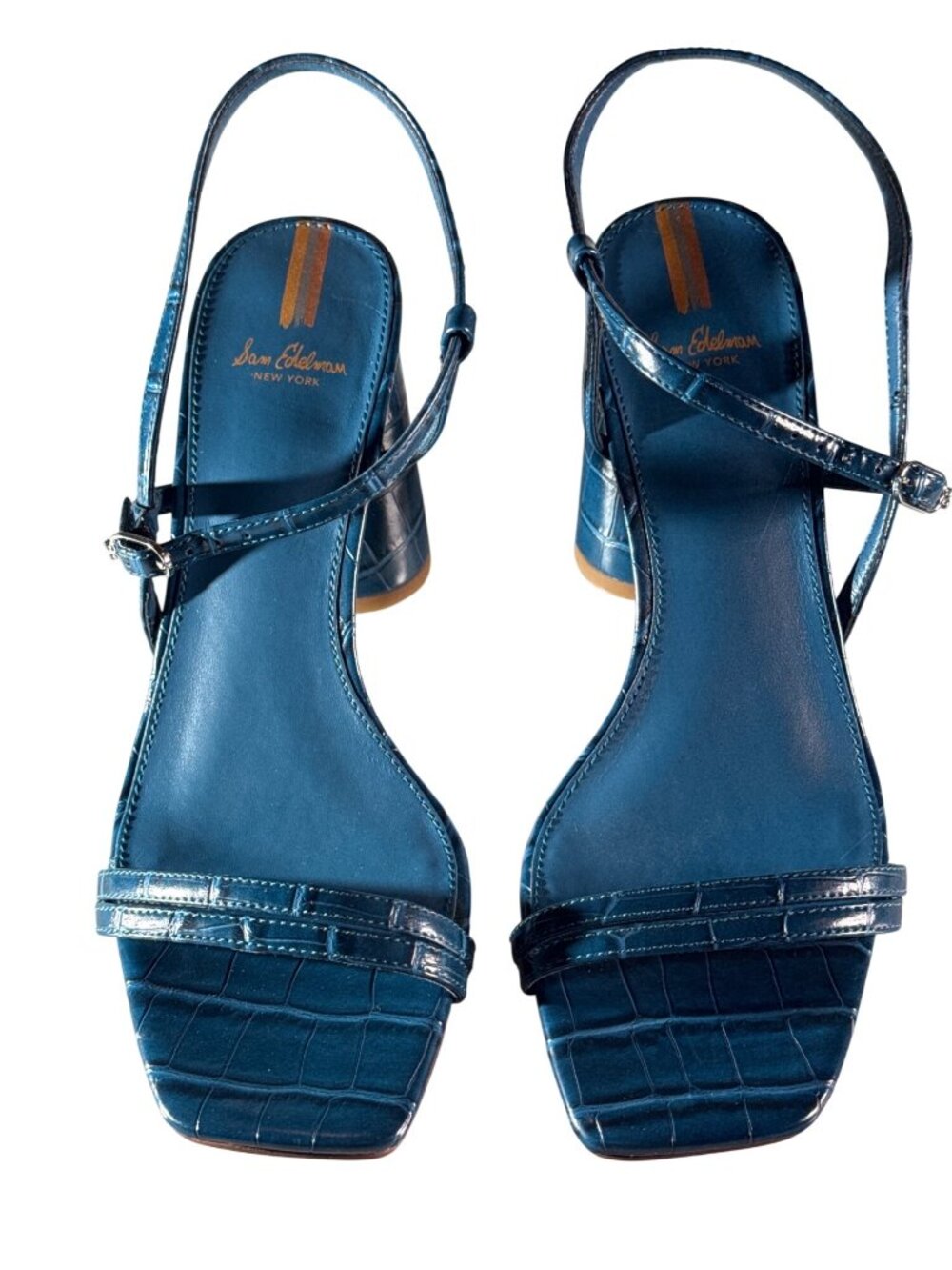 SAM EDELMAN Women's Blue Croc Embossed Heels Sandals Size 9.5M Block Heel - Picture 2 of 11